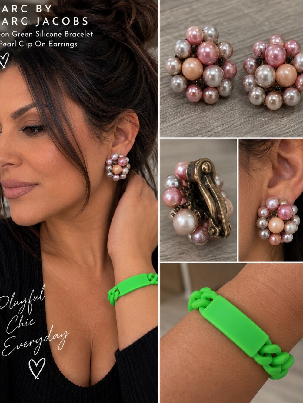 Marc By Marc Jacobs Neon Green Silicone Bracelet And Pearl  Clip On Earings
